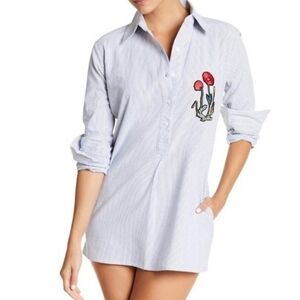 Sam Edelman Cotton Striped Embroidered Floral Top Navy Stripe S